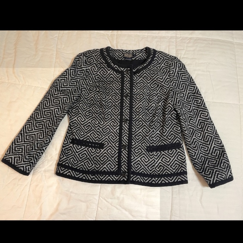 Pendleton Blazer Jacket Womens 14 Multi Geometric Navy White Round Neck Cotton